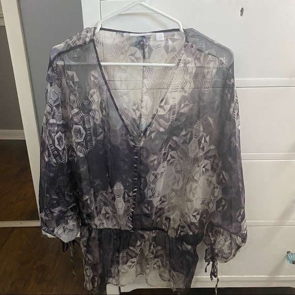 New York & Company Patterned Blouse Cover Up, Sheer, Purple Hues - Picture 1 of 4